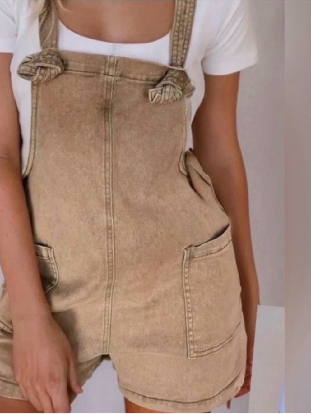 Zenana Outfitters Tan Knotted Strap Denim Short Overalls